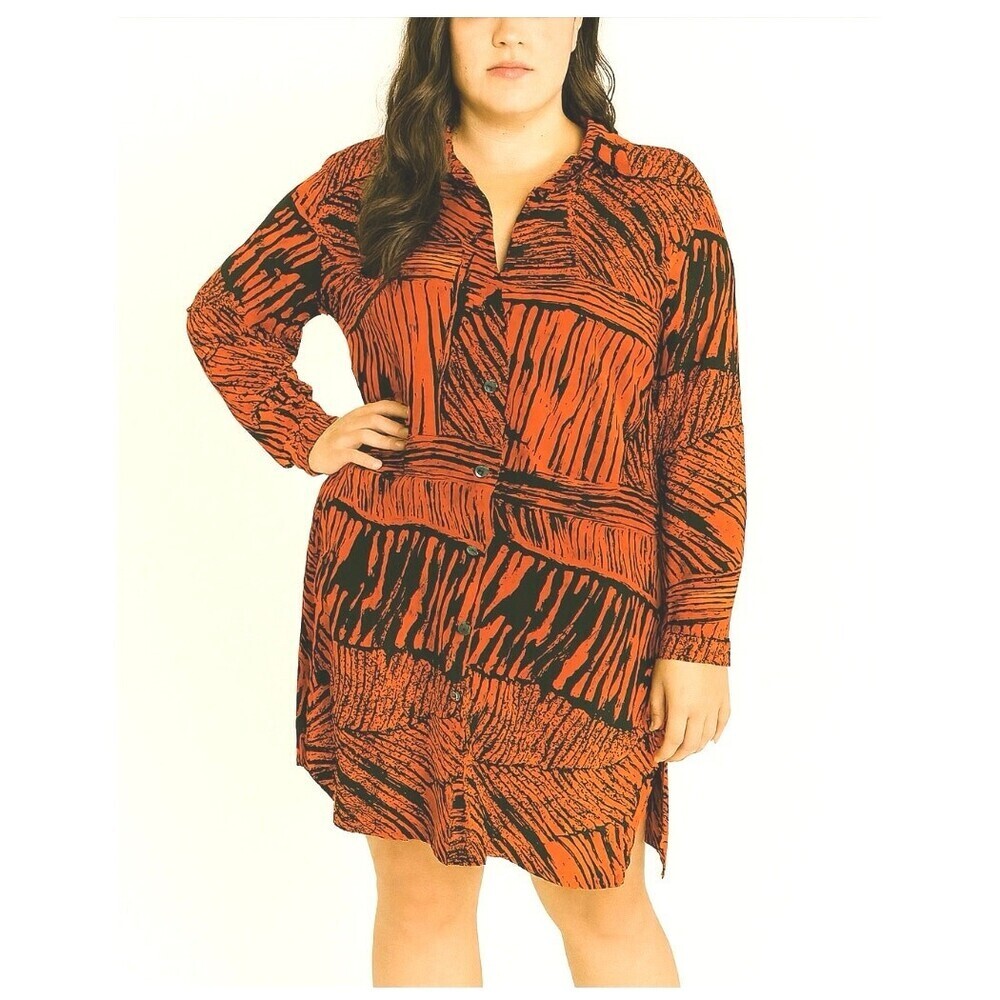 CHICO'S TRAVELERS RED/BLACK DRESS SZ 1 (LG) button up slinky spandex knee length